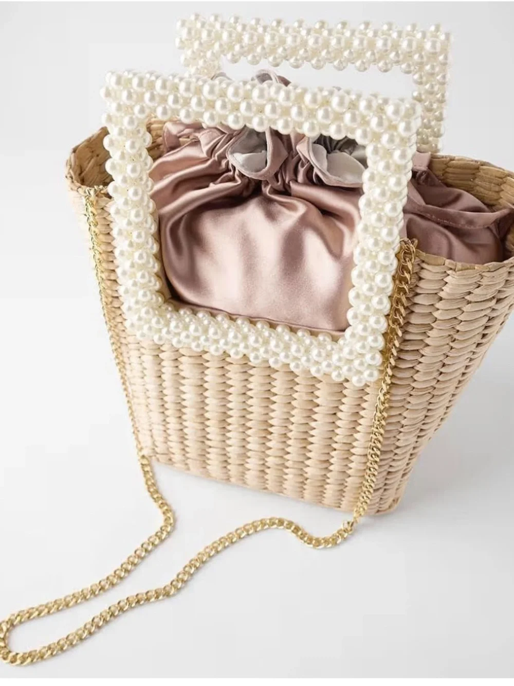 Pearl Handle Woven Straw Tote Bag in Natural and Blush